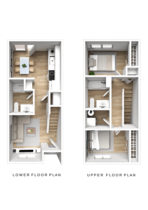 Two images showing the layout of a lower and upper floor of the 2 bed 2 bathroom townhome at The Wes apartments